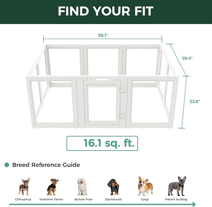 FXW AuraSpace Clear Acrylic Indoor Dog Playpen, 24" H, 10 Panels, White | Open View, Modern Home Fit, No Climbing Bars, Tool-Free Setup, For Puppies & Small Dogs