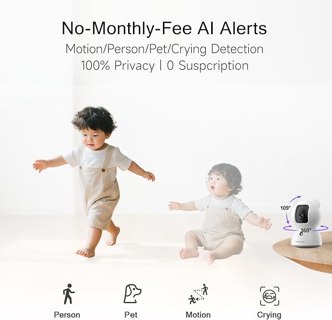 2.5K Pet Camera Indoor with Phone App, Dog/Cat Camera, 4MP Indoor Camera for Home Security, Baby Monitor with Free AI Person/Pet/Cry Detection, Pan Tilt 2.4GHz WiFi, Full Duplex 2-Way Audio