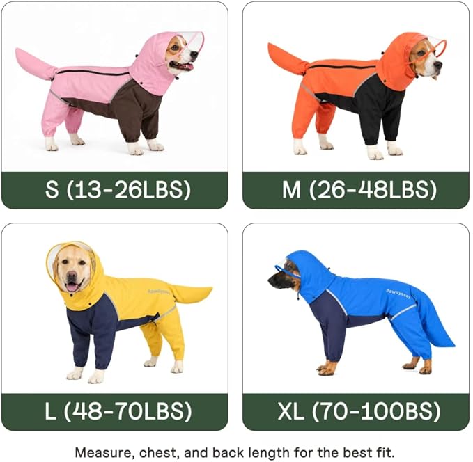 Full-Body Dog Raincoat with Detachable Hood, Waterproof Reflective Dog Rain Jacket with Tail Cover, Adjustable Fit and Leash Portal for Rainy Walks, Bright Yellow, X-Large