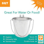 Flat Sided Pail with Dual Hooks, Snugly Fit On Dog, Cat and Critter Crates & Cages, Heavy Duty Stainless Steel | 6 Quart (PN: FSP-6)