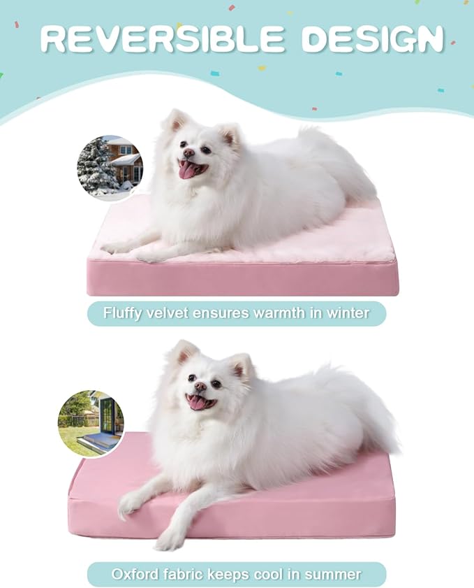 KSIIA Orthopedic Dog Bed for Small Dogs with Waterproof Lining, Pink, 23x17 | Deluxe Soft Plush Dog Crate Bed, Washable Pet Mat with Removable Cover & Egg Crate Foam for Small Dogs Sleeping & Relaxing