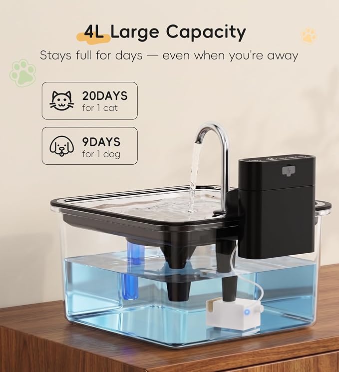 Cat Water Fountain Stainless Steel, 135oz/4L Cordless Pet Fountain for Cat | With 6 Pack Filters|Water & Battery Separation；Faucet Design；Wireless；4000mAh Battery