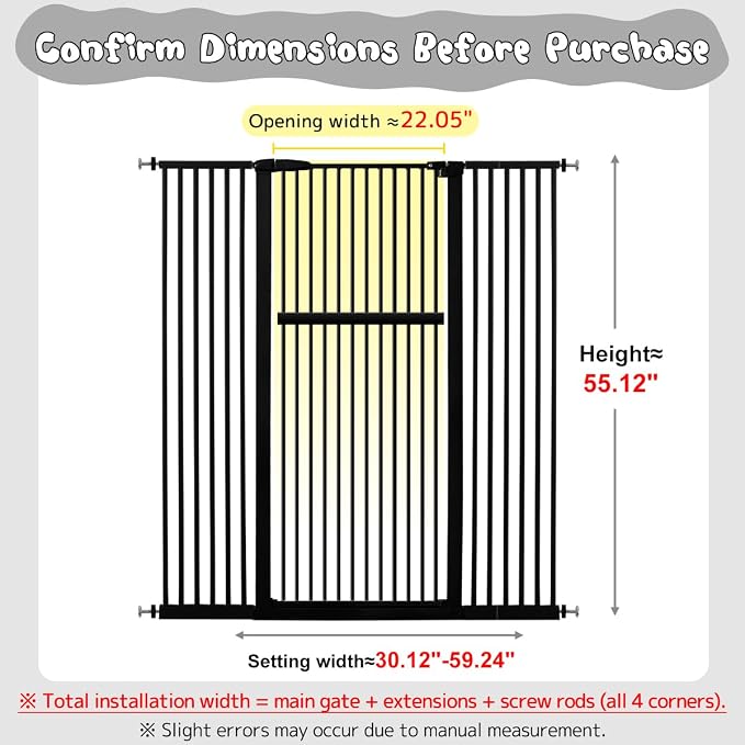Lumizone 55.12" Extra Tall Pet Gate for Cat Dog 30.12"-59.24" Wide Black | Extra Tall Cat Gate for Doorway Hallway Stairs Pressure Mounted 1.37" Gap No Drilling Auto-Close Dual-Lock