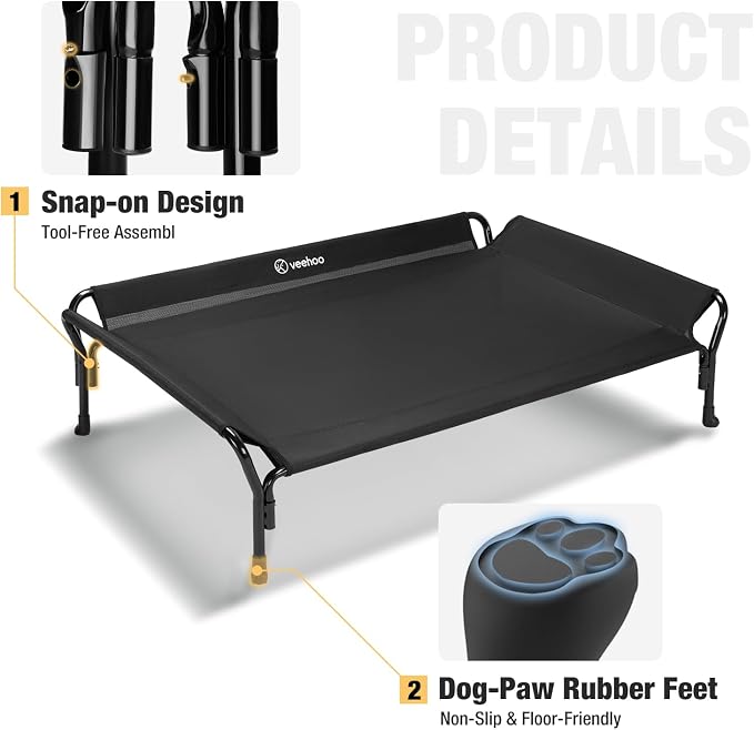 Veehoo Cooling Elevated Dog Bed, Raised Dog Cot with Guardrail & Headrest | Washable Dog Couch Bed for Indoor & Outdoor, Durable Breathable Teslin Mesh, Non-Slip Feet, Large 47" x 32", Black