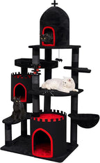 YARUOMY Gothic Castle Cat Tree, 68.9in Black Tall Cat Tower with Coffin Cat Bed, Spacious Cat Condo for Large Cats, Scratching Posts, Spider Hanging Ball,Basket,Cat Ball Track Toy
