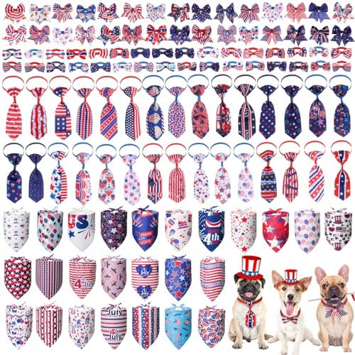 Reginary 120 Pcs 250th Anniversary Dog Bandanas Bulk 4th of July Patriotic Dog Bow Ties and Neckties Set, Red White and Blue Triangle Pet Kerchief Accessories for Small Medium Large Dogs Grooming by Reginary