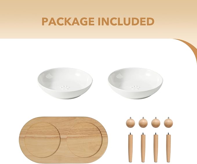 Havniva Elevated Cat Bowls, Cat Food and Water Bowl Set, Ceramic Cat Bowl | Raised Cat Food Bowls, Whisker Friendly, 5.6” Shallow Cat Dishes, Wide Cat Plates, Non-Slip Wood Stand, Two Heights