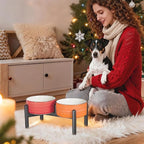 Ceramic Elevated Dog Bowl Set, 6.1''Raised Dog Food and Water Bowl Set with Non-Slip Stainless Steel Stand, Double Raised Dish for Small and Medium Breed, 3.5 Cups / 22 Fl Oz,- Christmas Set
