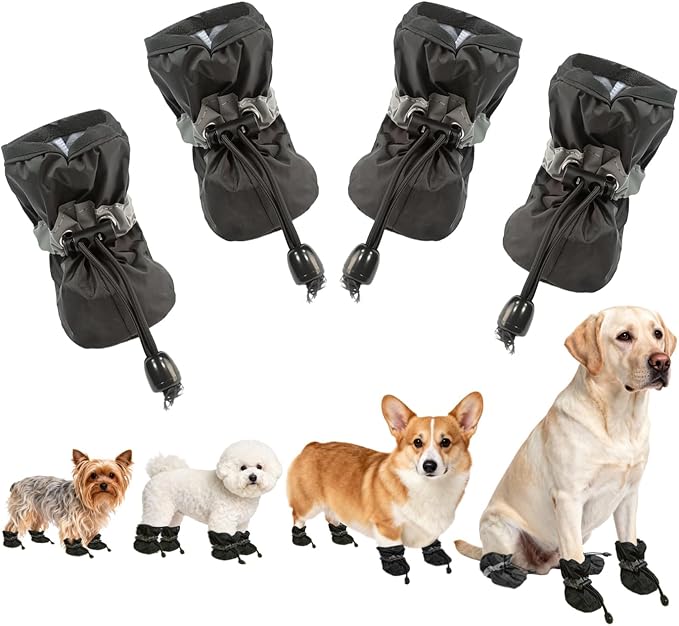 Non-Slip Dog Cat Boots with Reflective Straps, Pet Shoes for Medium Large Dogs Outside, Paw Protectors for Summer Hot Pavement, Indoor Hardwood Floor (Black, 7)