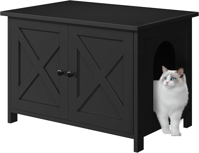JY QAQA Cat Litter Box Enclosure,Litter Box Furniture Hidden with Barn Door,Wooden Washroom Furniture,Cat House,Fit Most of Litter Box,Black