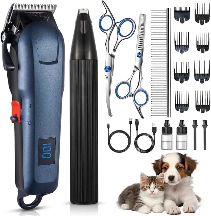 5-in-1 Low Noise Rechargeable Cordless Dog Clippers Pet Grooming Kit for Dogs & Cats|Quiet high Power pet Grooming Set for Small Large Dogs & Thick Coated Cats, Includes Comb, Clippers & Nail Clipper