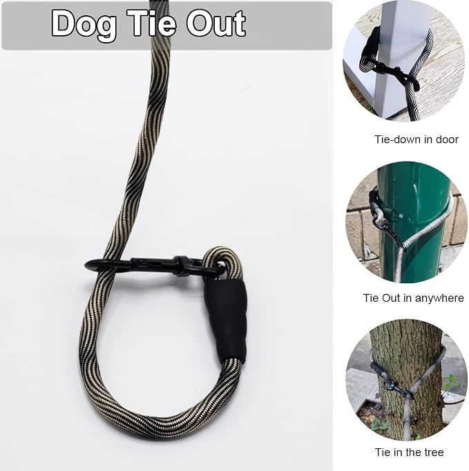 BTINESFUL Dog Tie Out Long Tether Rope Dog Lead for Yard 8/12/20/30/50/75ft | Large Medium Dogs Outdoor Training, Playing, Camping, Backyard Dog Leash (30 Foot, Beige Black)