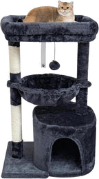 SYANDLVY Small Cat Tree for Indoor Cats, Cat Tower with Scratching Post | Modern Cat House with Padded Perch, Kittens Condo with Cradle, Smoky