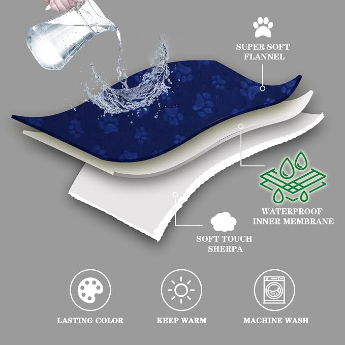 Waterproof Blanket for Bed, Dog Blankets for Large Dogs, Waterproof Cat Blanket Washable, Soft Sherpa Fleece Puppy Blanket, Reversible Throw Protector for Couch Car, 50"X60", Navy Blue