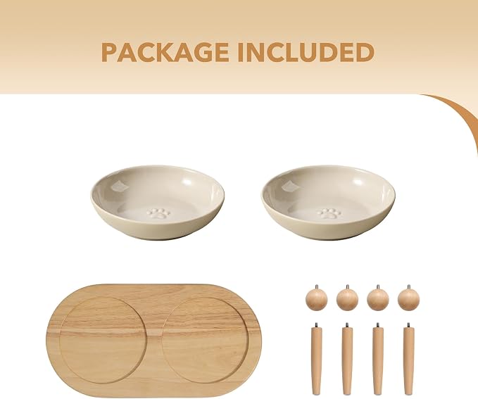 Havniva Elevated Cat Bowls, Cat Food and Water Bowl Set, Ceramic Cat Bowl | Raised Cat Food Bowls, Whisker Friendly, 5.6” Shallow Cat Dishes, Wide Cat Plates, Non-Slip Wood Stand, Two Heights