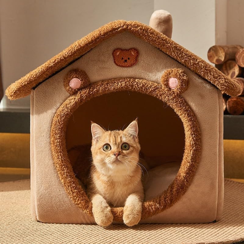 Cat Beds for Indoor Cats Small Dog,Cute Bear Cat Bed Cave Cat House, M - Image 3