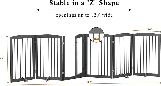 PUPETPO Freestanding Pet Gate with Door, Tall Dog Gate for House, Dog Gates for the House Extra Wide, Pet Puppy Safety Fence, Support Feet Included, 120 Inch Wide, 6 Panels 32" Tall, Gray