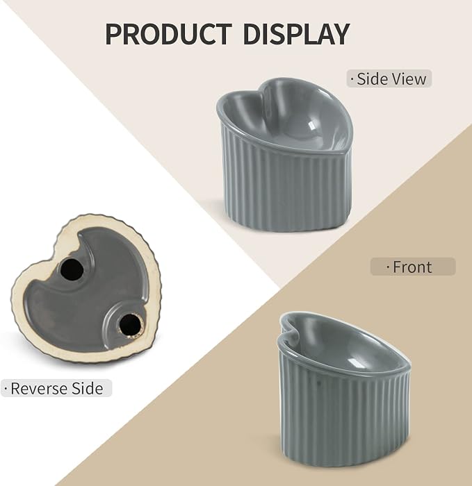 5.5 Inch Grey Ceramic Raised Tilted Cat Food Bowl 1 Pack | Elevated, Love Heart Shape, Slanted, Pet Feeding Dish, Stress Free, Kitty, Small Cats, Protect Pet's Spine