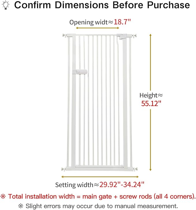 Lumizone Extra Tall Cat Gate 55.12" High 29.92"-34.24" Wide Pet Gate White | Dog Gate for Doorway Hallway Stairs Pressure Mounted Extra Wide 1.37" Gap No Drilling Auto-Close One-Handed Operation