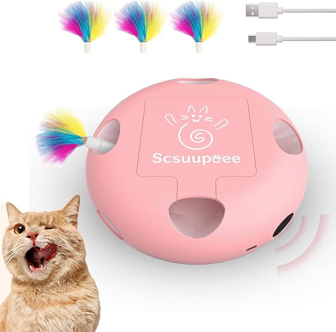 Interactive Cat Toy, Pink | Electric for Moving Concealed Feathers, Smart Sensor 7 Holes Whack a Mole Feather Toy, USB Charge Automatic