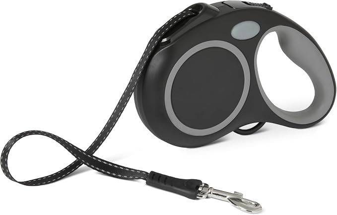 Amazon Basics Reflective Retractable Dog Leash, 16.4 Ft Tape Leash for Dogs Up to 33 Lbs, Non-Slip Comfort Grip, Quick-Lock, Small, Black