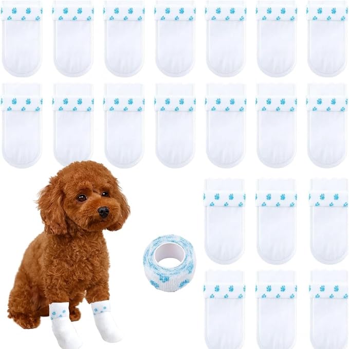 20 Pcs White Disposable Dog Boots for Paw Protection, 20 Pcs Disposable Dog Shoes with Adjustable with Adhesive Tape for Small Medium Large Dogs, Dog Socks to Prevent Paw Licking(S (5-16lb))