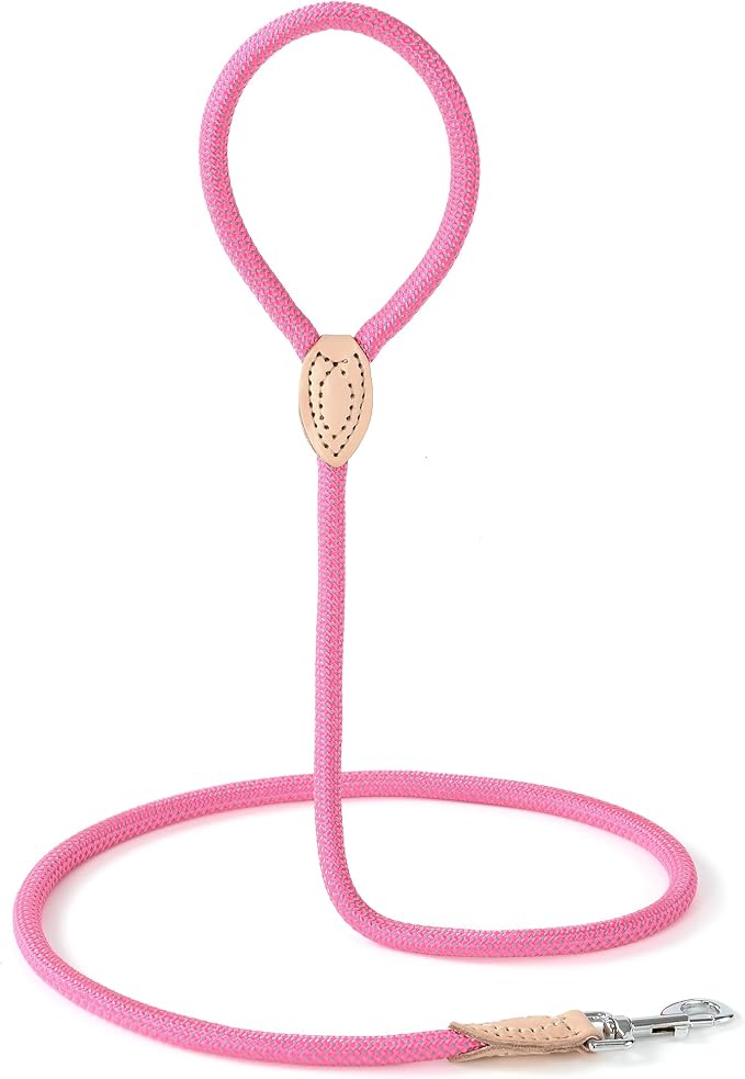 Mile High Life Dog Leash with Genuine Leather Connection, Reflective | Rope Leash, Heavy Duty 360° Swivel Metal Clasp, for Small Medium & Large Dogs Walking (Hot Pink, 48 Inch-1/2)