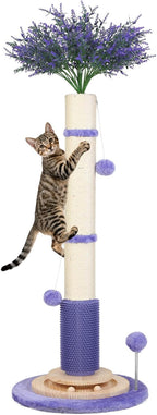 Cat Scratching Post,45'' Tall Wood Vertical Scratcher Tree Toys for Indoor | Large 3.5Inch Natural Sisal Artificial Flower Design Stable Tower Interactive Self Groomer Climbing Full Body Stretching