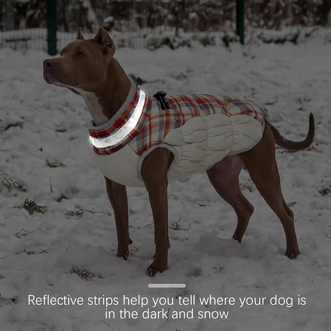 FUAMEY Dog Jacket for Large Dogs Warm Dog Jackets with Harness Built in | Dog Winter Jacket Cold Weather Snow Puppy Vest Water-Resistant Zip up Dog Fleece Jackets High Visibility Red Plaid XL