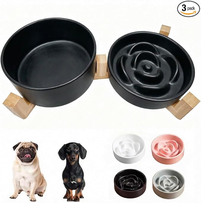 Ceramic Slow Feeder Dog Bowl Set-0.8 Cup Puzzle Dog Food Bowl（≈180g Food） for Fast Eater & 850ML Dog Water Bowl with Wooden Stand for Small Dogs and Cats,Anti-Slip,Black