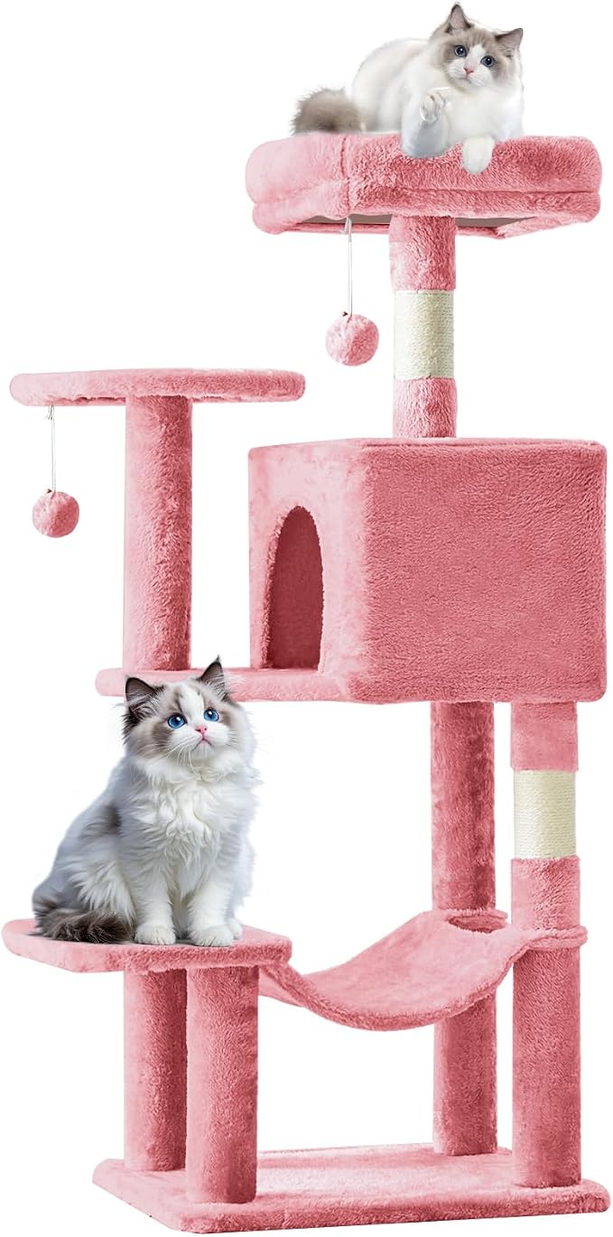 Small Cat Tower, Cat Tree Tower with Hammock, Pink | Small Cat Tower with Condo, Hammock, Sisal Scratching Posts, Extended Perch, Pet Play House for Indoor Kittens and Cats