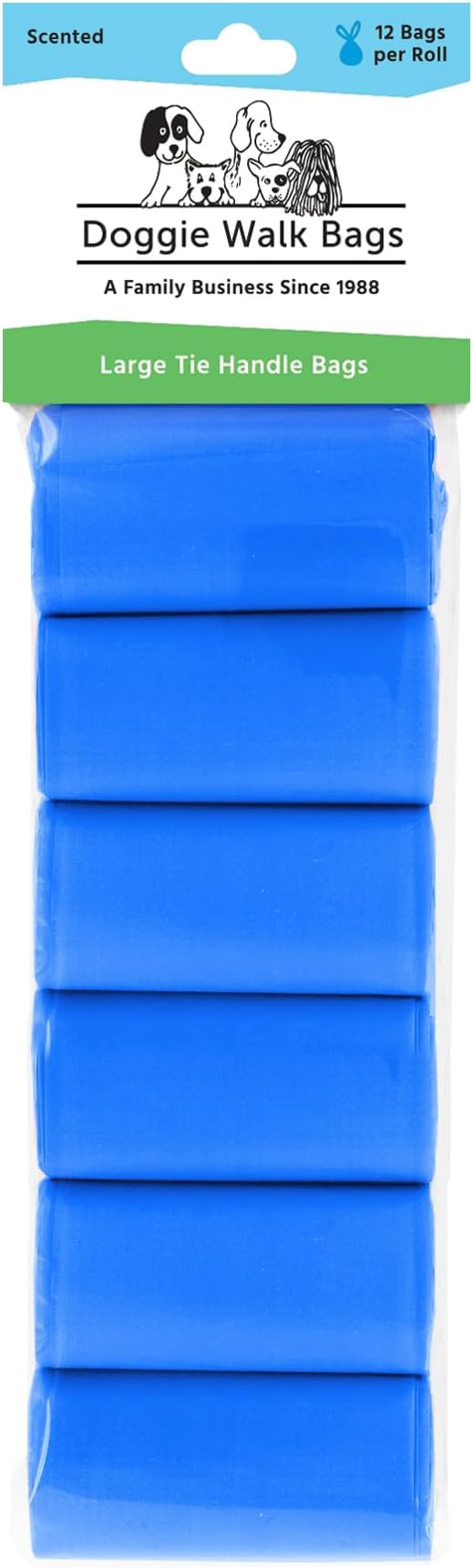 Large Dog Waste Bags on a Roll with Easy Tie Handles, Extra Thick and Strong Dog Poop Bags, 288 Count, Scented, Blue