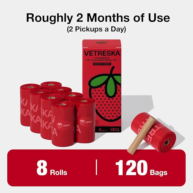 VETRESKA Dog Poop Bags with Handle 120 Count, Strawberry Scented Waste Bag | Leak-Proof Thick Dog Bags for Poop, Easy-Tie Large Poop Bags, 8 Refill Rolls for Dog Walking Cat Litter