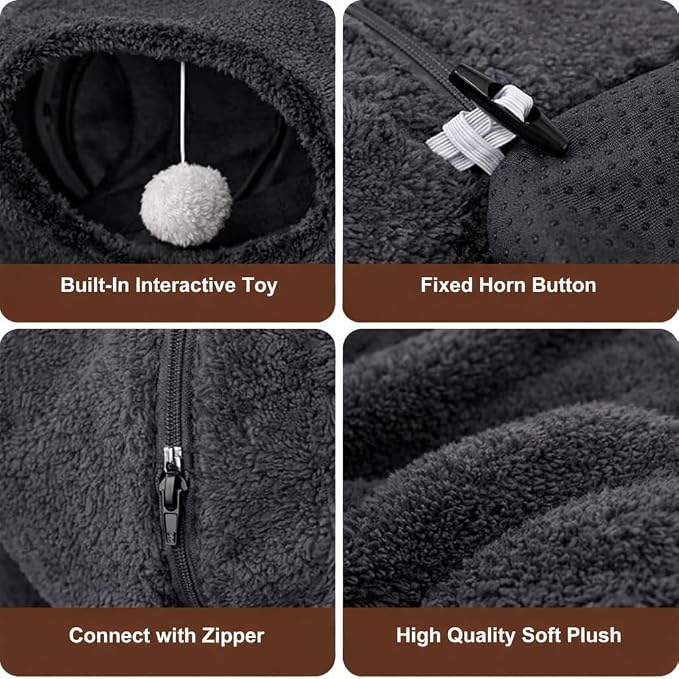Cat Tunnel Bed with 2 Catnip Fish Toys (1000mg Natural Catnip) Interactive Cat Toys, Cat Tubewith Kitten Toys for Indoor Kittens, Collapsible Play Tunnel, Dark Grey