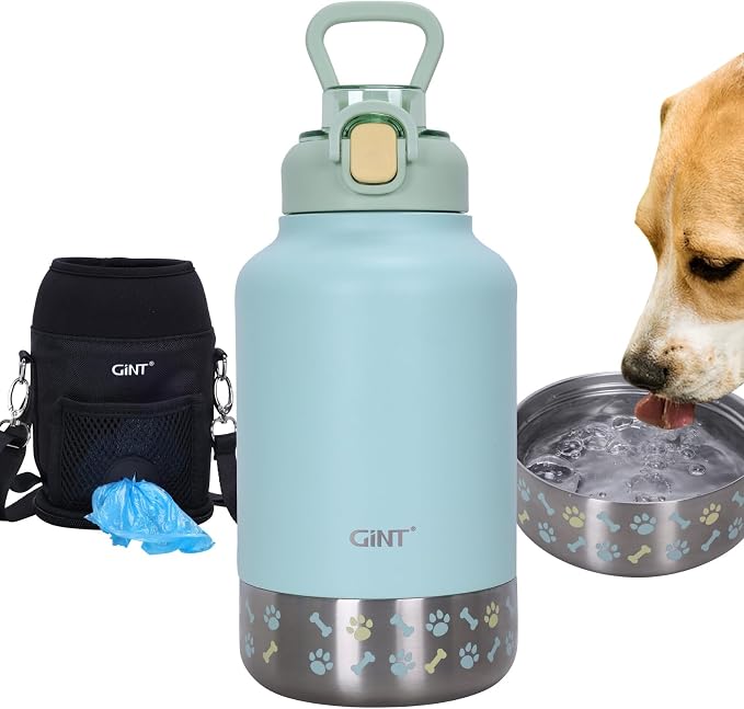 GiNT 37oz Insulated Stainless Steel Dog & Human Water Bottle | Leakproof Travel Dispenser with Detachable 10oz Bowl, 24H Cold/12H Hot, Carrying Case for Walking, Hiking,Camping & Outdoor Travel(Green)