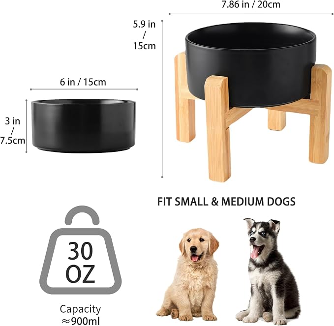6'' Ceramic Raised Dog Bowl - 30Oz Dog Food & Water Bowl with Elevated Non-Slip Bamboo Stand, Dishwasher & Microwave Safe, Anti Vomiting Heavy Duty Pet Bowl for Small and Medium Dogs, Black