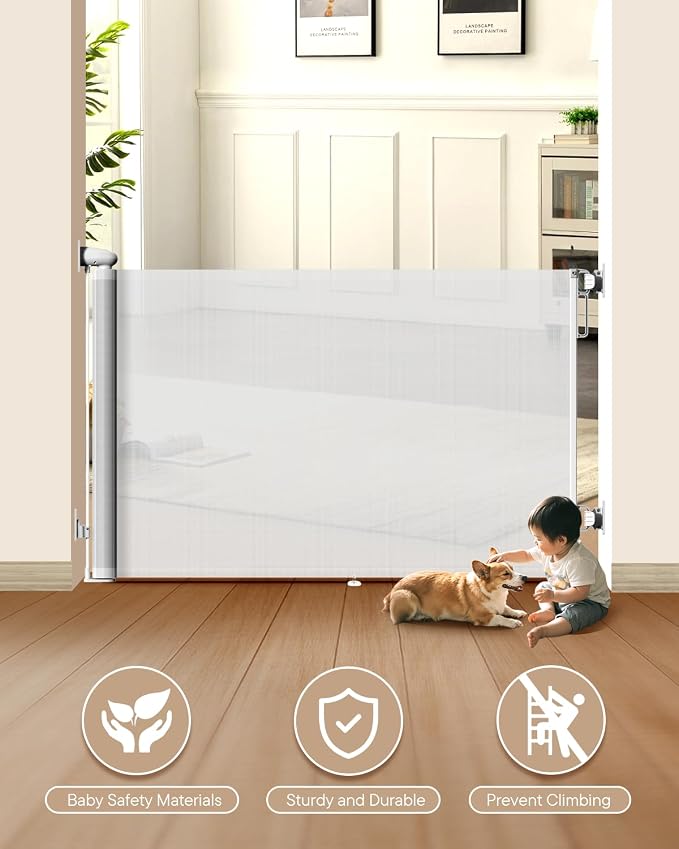 Retractable Baby Gates, 34" Tall Fits Up to 55" Wide, White | No Bottom Bar Mesh Baby & Pet Gate with Anti-Crawling Hook, One-Hand Operation, Safety Lock for Stair, Doorway,Indoor/Outdoor