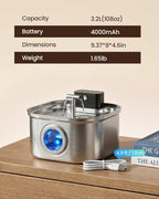 Cordless Cat Water Fountain Stainless Steel,3.2L/108oz Rechargeable | Wireless Battery Operation, Motion Sensor, Automatic Water Flow, Quiet Pump, Includes 4 Replacement Filters