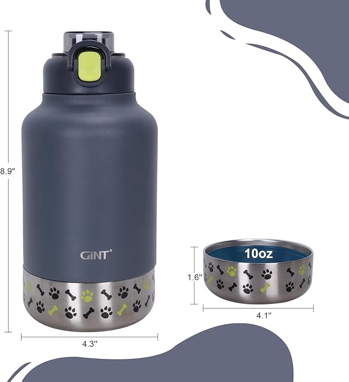 GiNT 37oz Insulated Stainless Steel Dog & Human Water Bottle | Leakproof Travel Dispenser with Detachable 10oz Bowl, 24H Cold/12H Hot, Carrying Case for Walking, Hiking, Camping & Outdoor Travel