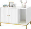 Feandrea Cat Litter Box Enclosure, Hidden Litter Box Furniture with Scratch Pad, Front Entry, Double Cabinet Doors, Modern Style, 31.5" Cat House Washroom Side End Table, White and Gold