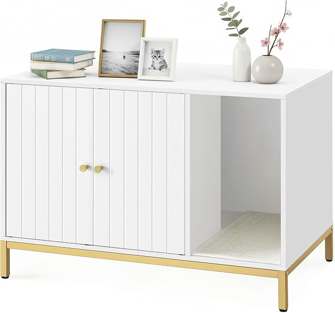 Feandrea Cat Litter Box Enclosure, Hidden Litter Box Furniture with Scratch Pad, Front Entry, Double Cabinet Doors, Modern Style, 31.5" Cat House Washroom Side End Table, White and Gold