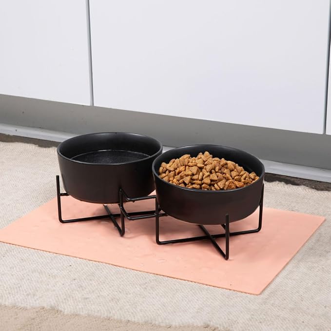 Waggo Simple Solid Double Dog Bowl and Dog Bowl Stand - Double Iron Stand with Double Ceramic Feeder or Water Bowl, Small or Large Dog Elevated Pet Feeder (Matte Black, Medium)