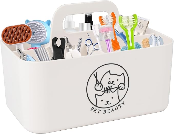 Minimalist White Dog Cat Grooming Supplies Organizer, Portable Caddy with 5 Compartments