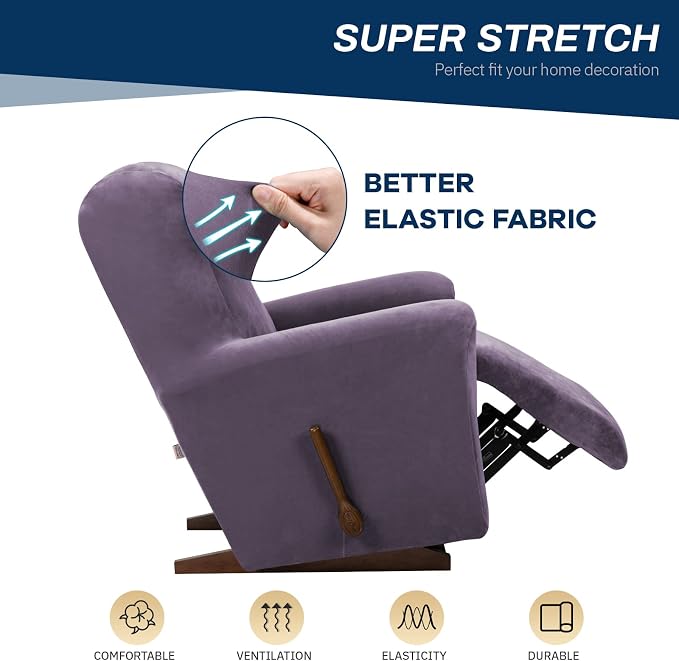 Asnomy Stretch Recliner Chair Covers Slipcover with Pockets 1-Piece（Purple） | Velvet Washable Elastic Luxury Plush Reclining Furniture Protector for Dogs Cats or Lazy Boy Recliner Covers