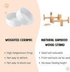 SPUNKYJUNKY 15° Slanted Ceramic Dog and Cat Bowl with Wooden Stand, Tilted Bulldog Food and Water Bowl No Slip Non-Spill for Cats Medium Dogs Big Face Pets 28.7 OZ (3.6 Cups, White × 2)