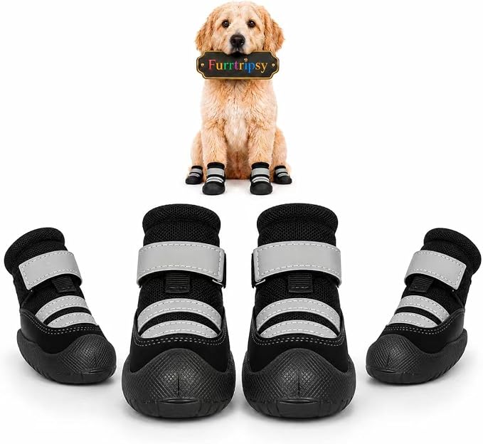 Dog Boots, Waterproof Dog Shoes with Reflective Straps, Rugged Anti-Slip Sole Paw Protectors for Medium Large Dogs, Breathable Pet Booties for Hot Pavement, Snow, Hiking, 4Pcs