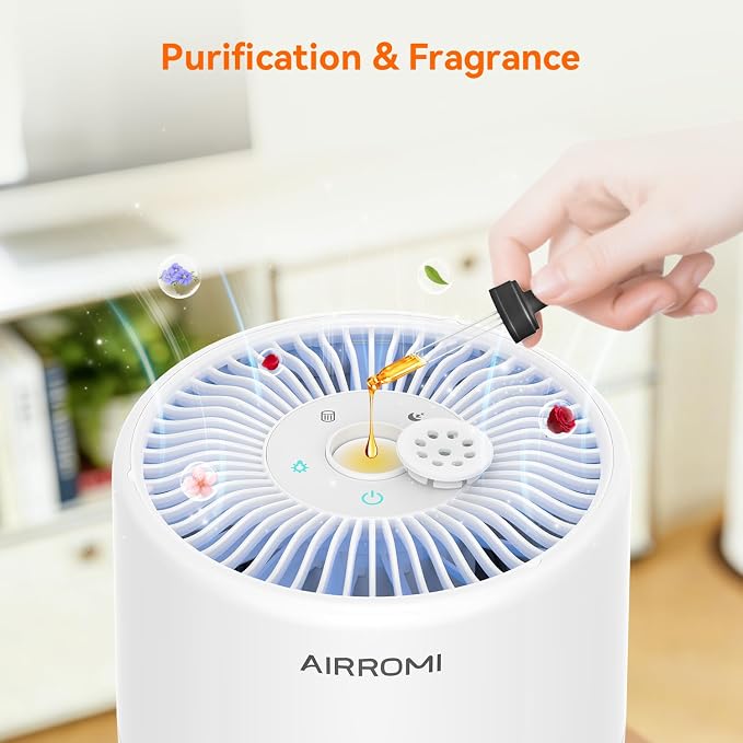 AIRROMI Pets Air Purifier for Home Allergies,Up to 660 ft². HEPA Deodorizing Activated Carbon Filter,With Fragrance Sponge for Better Sleep,Night Light,Pet Dander,Smoke,Odors,Air Cleaner A2002 White