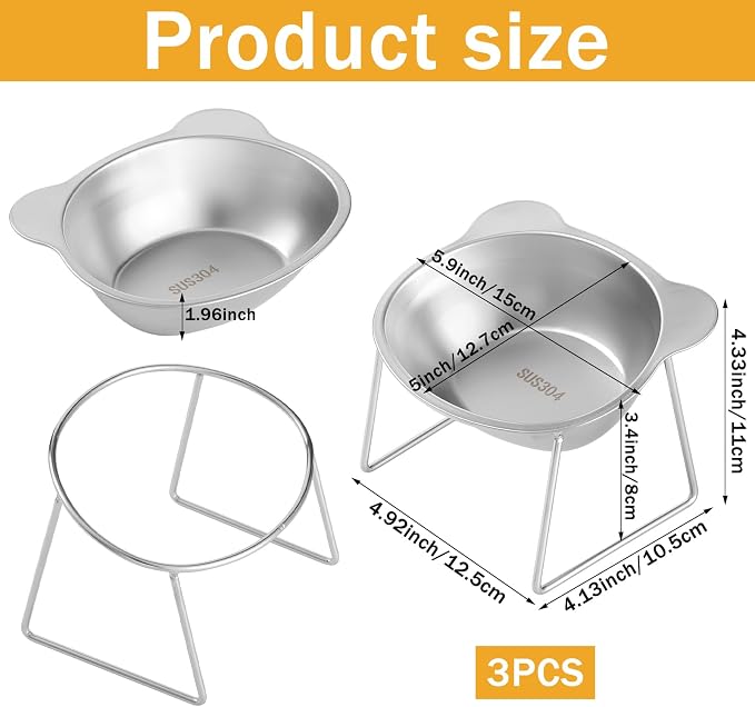 Elevated Cat Bowls 3 Pack, 15° Tilted Raised Cat Food & Water Bowls with Stainless Steel Dishes, Whisker-Friendly Anti-Vomiting Pet Bowls for Cats & Small Dogs