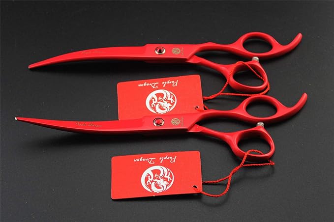Purple Dragon 7.0 inch Dog Grooming Scissors Set with Silencer - Red | 4PCS Pet Grooming Shears Kit, Includes Curved, Straight & Thinning Scissors with Smooth Cutting and Comfortable Grip