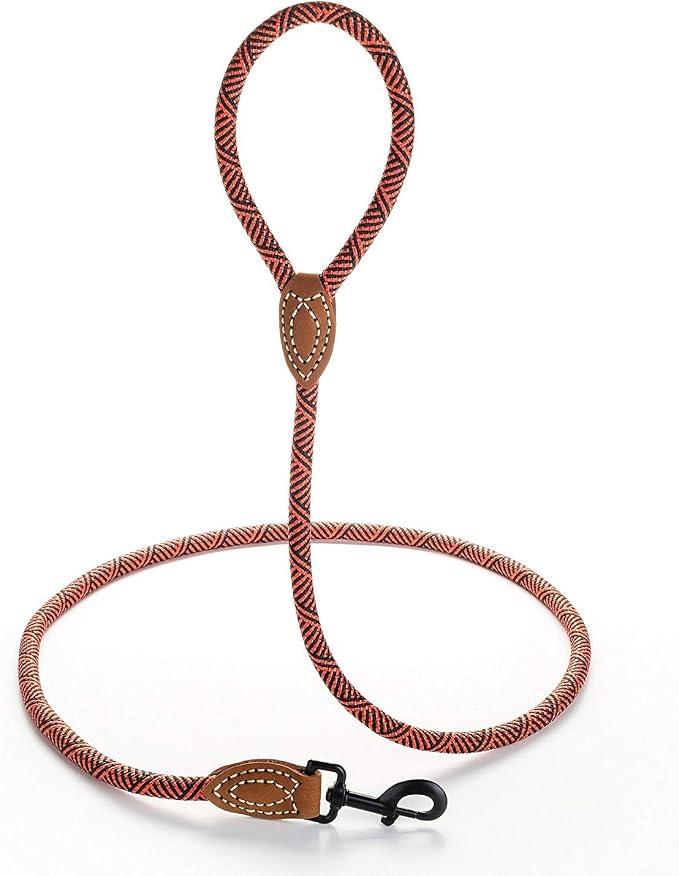 Mile High Life Dog Leash with Genuine Leather Connection, 6 FT/5 FT/4 FT | Rope Leash, Heavy Duty 360° Swivel Metal Clasp, for Small Medium & Large Dogs (Red, 72 Inch)